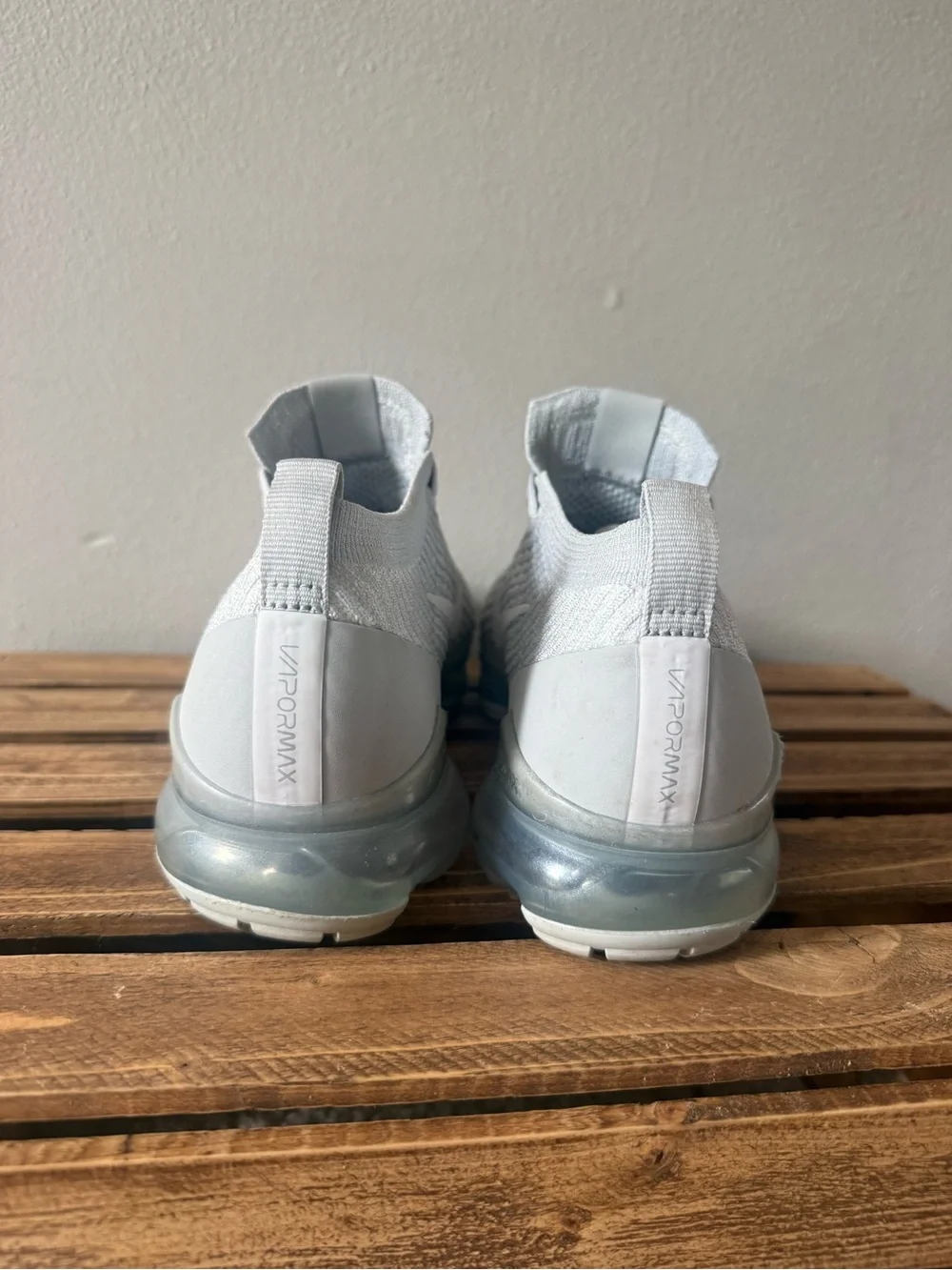 Nike Women’s White and Light Gray VaporMax Flyknit Sneakers